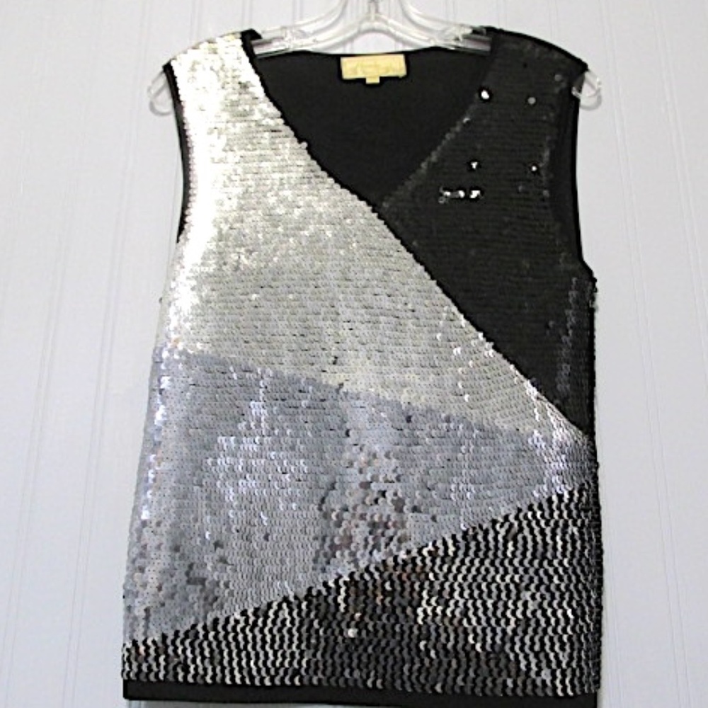 VTG Silver&Black Sequined Stretch Top, Size S/M